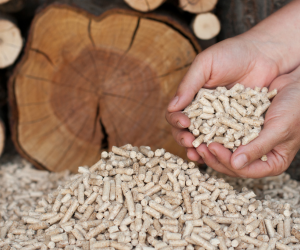 A hand holding wood pellets with a background of chopped wood logs