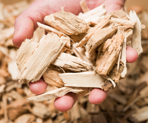 A hand holding wood pellets with a background of chopped wood logs